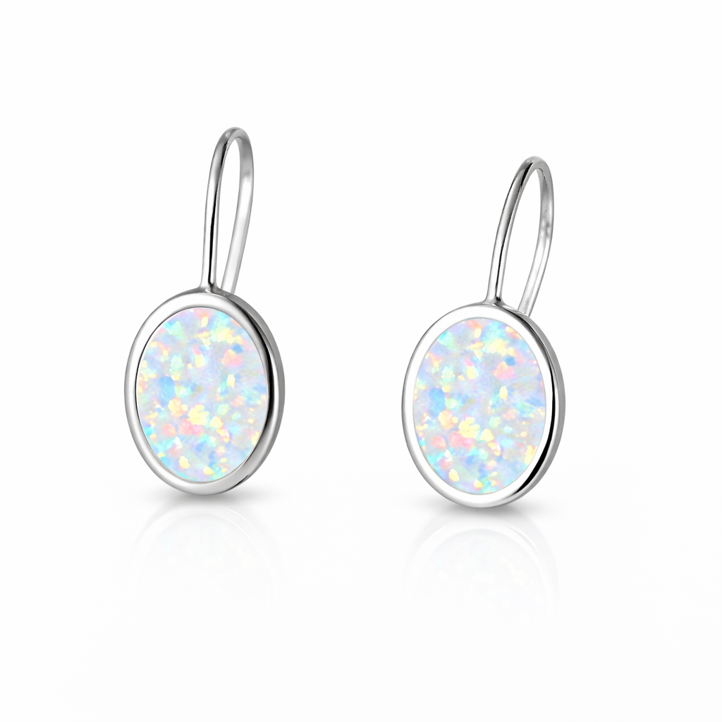 Vintage Sølvfargede Hoop Øredobber med Hvit Opal – Oval og Elegant Design