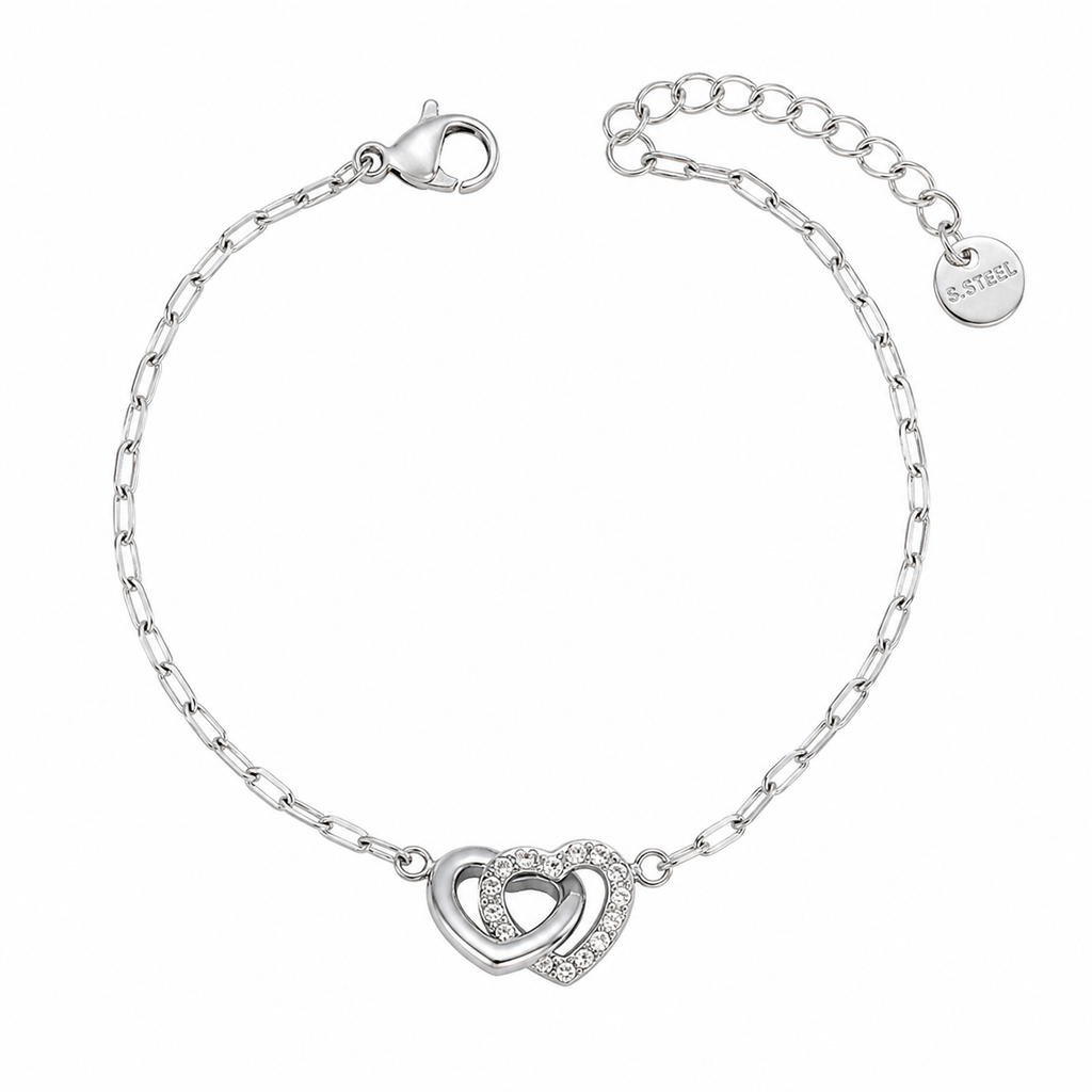 Double Heart Armbånd i Rustfritt Stål – Romantisk Kjedeformet Smykke til Dame