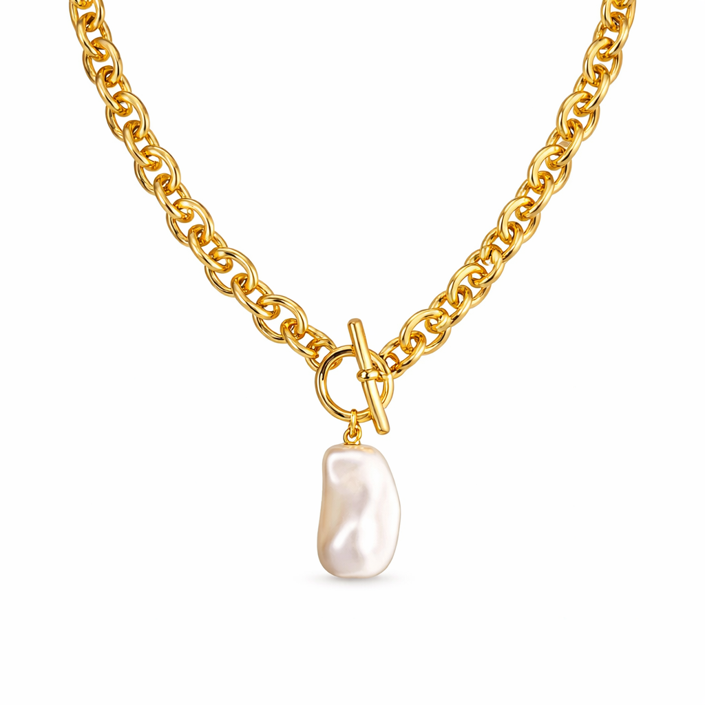 Chunky Gullfarget Halskjede med Barokk Perle – Statement Smykke med Kraftig Lenke