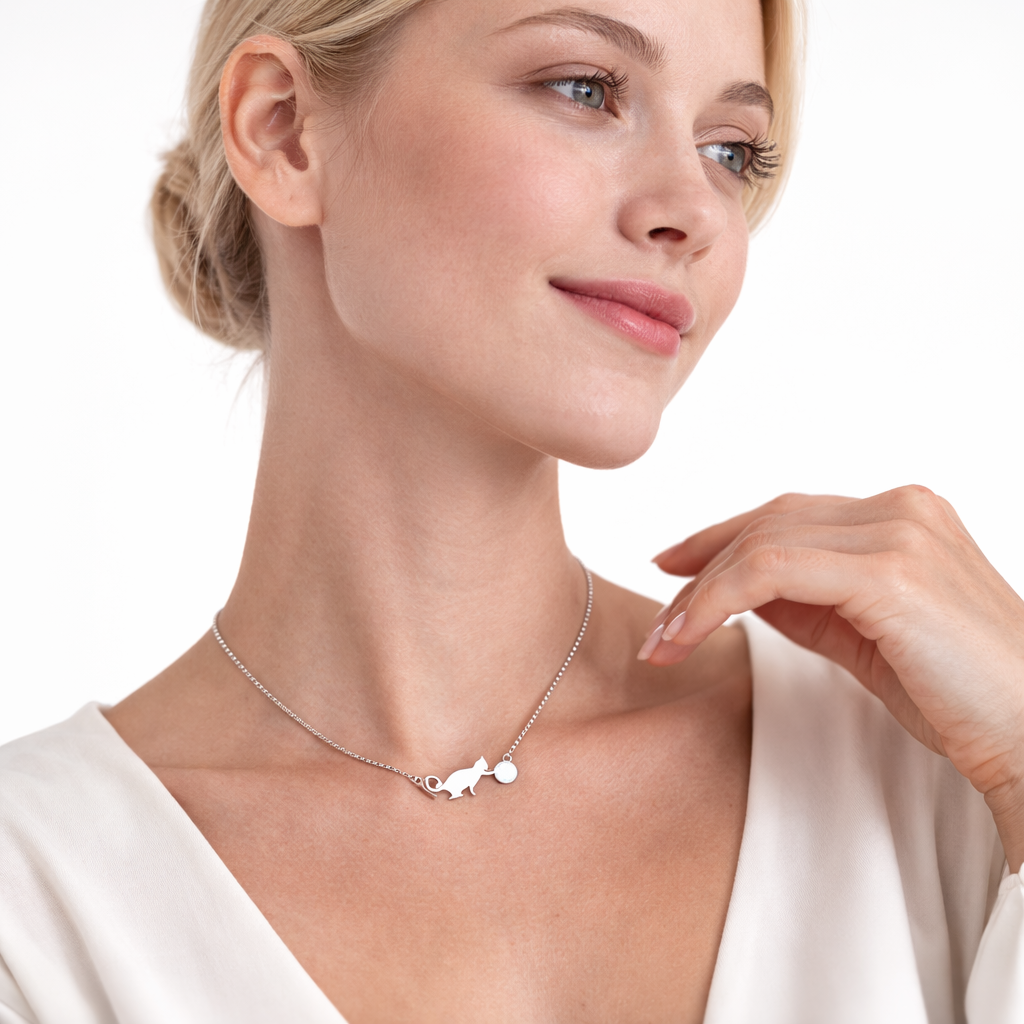 925 Sterling Sølv Halskjede med Søt Katt og Opal – Delikat Anheng for Dame og Jente | Perfekt Gave