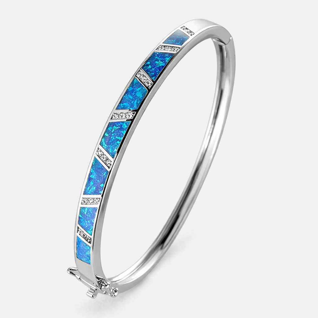 Vintage Sølvfarget Armring med Blå Opal og Hvit Zirkonia – Elegant Smykke for Bryllup og Forlovelse