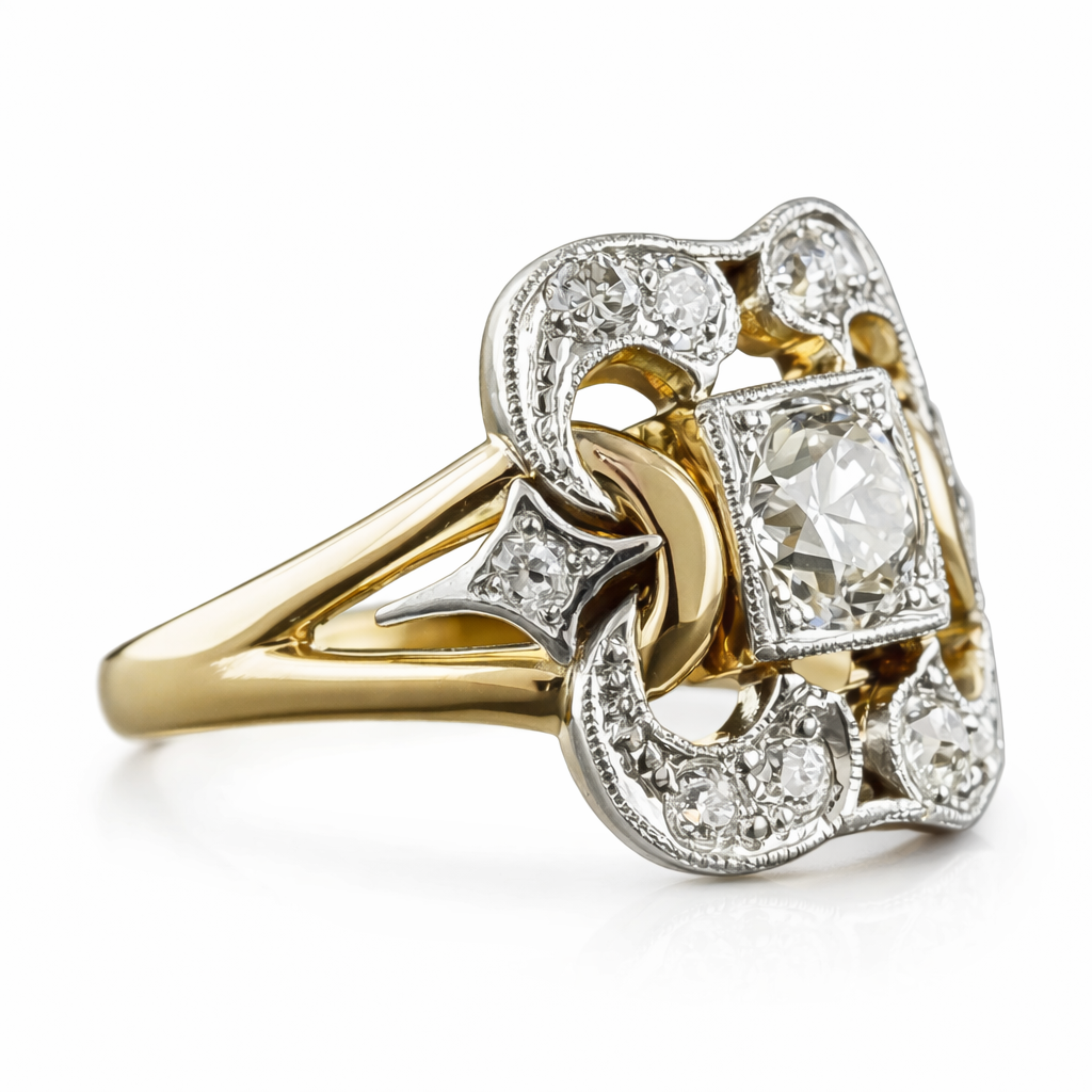Vintage Ring med Utskåret Design og Zirkon – Tofarget Elegant Fest- og Vielsesring