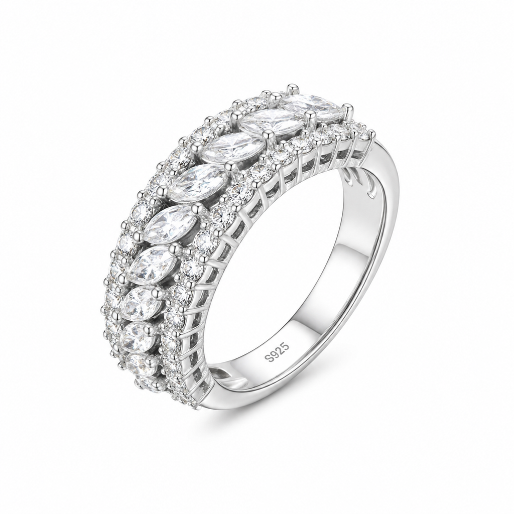 Moissanittring i 925 Sterling Sølv – Halv Eternity Ring med Marquise- og Rundslipte Stener
