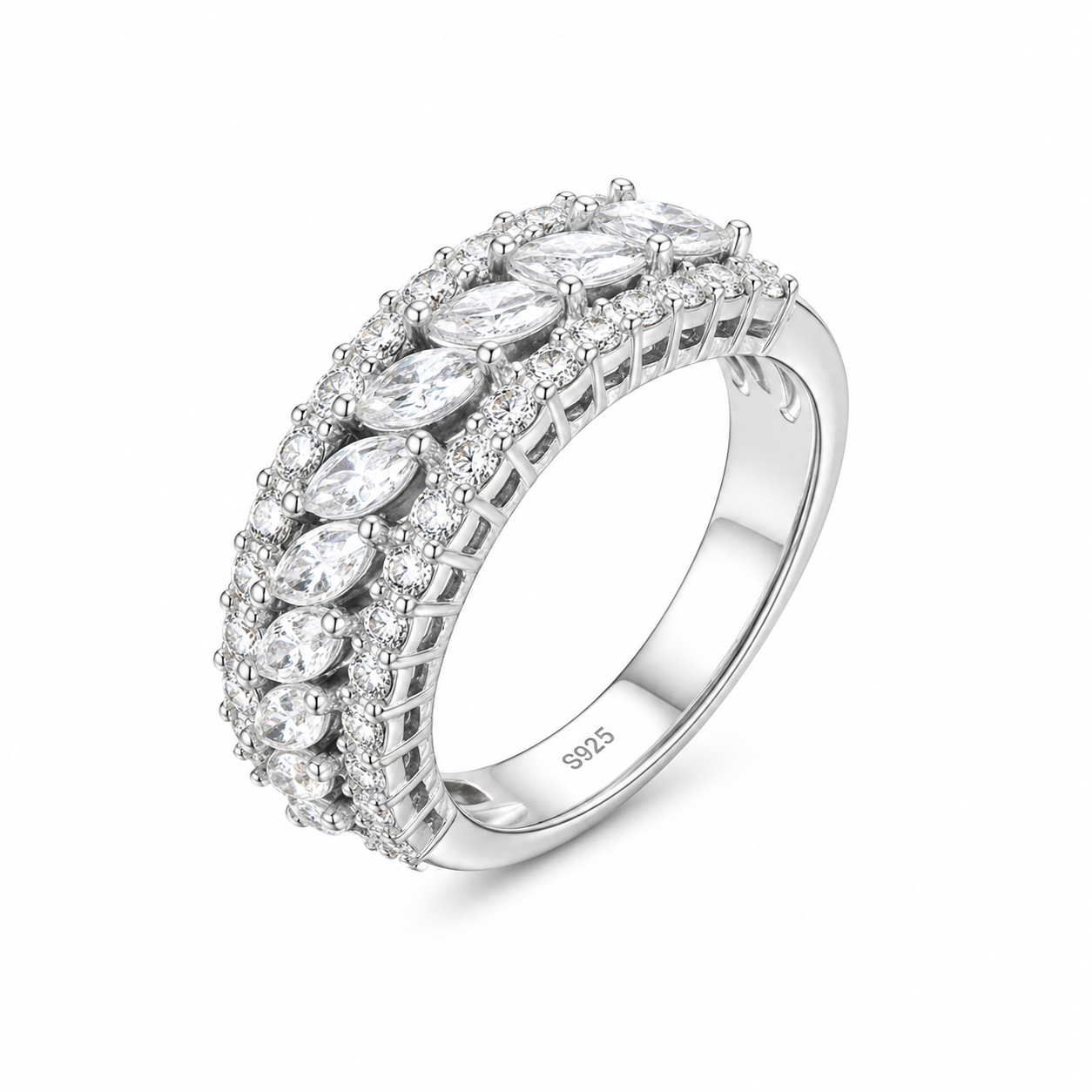 Moissanittring i 925 Sterling Sølv – Halv Eternity Ring med Marquise- og Rundslipte Stener