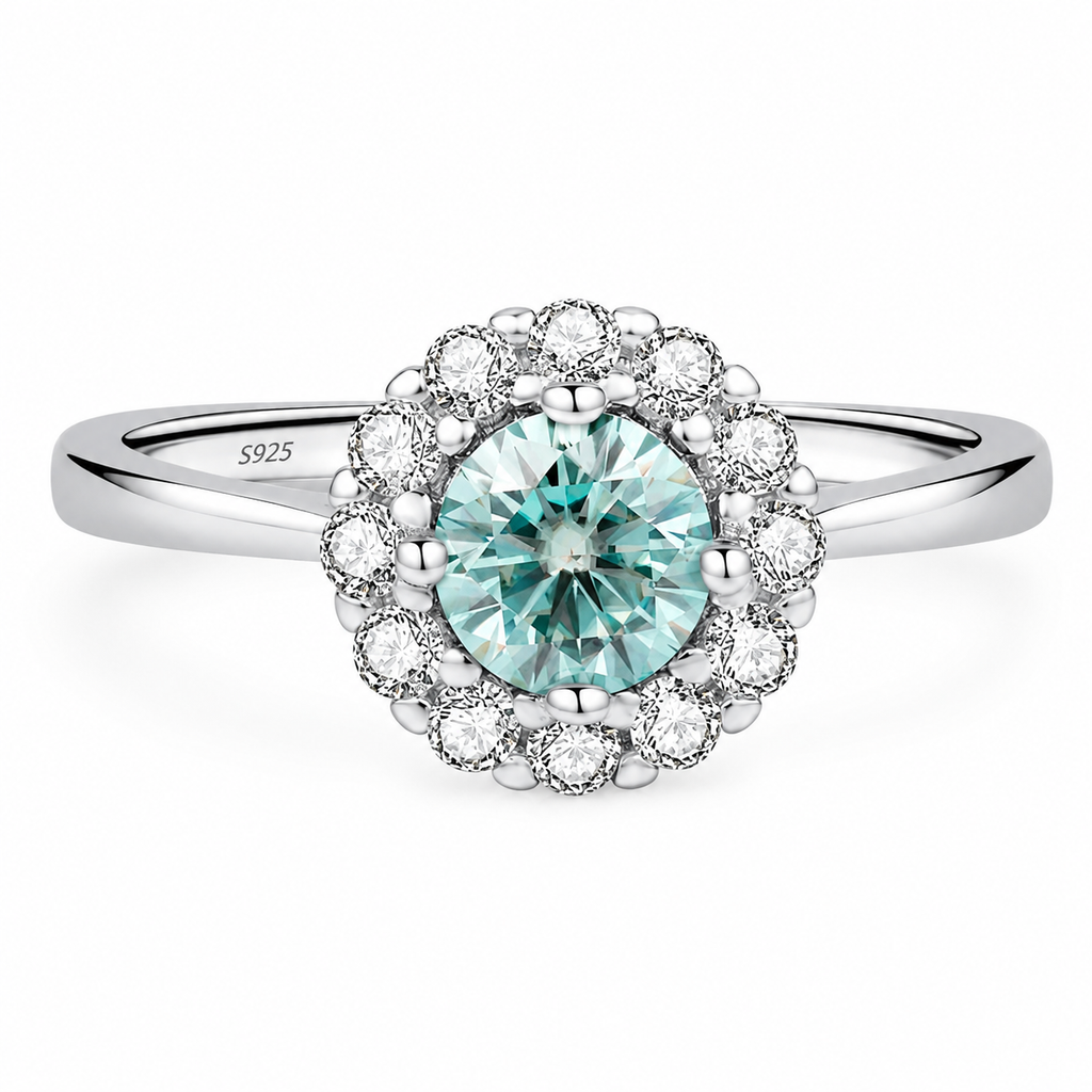 Grønn Teal Moissanittring i 925 Sterling Sølv – Elegant Halo Ring for Dame