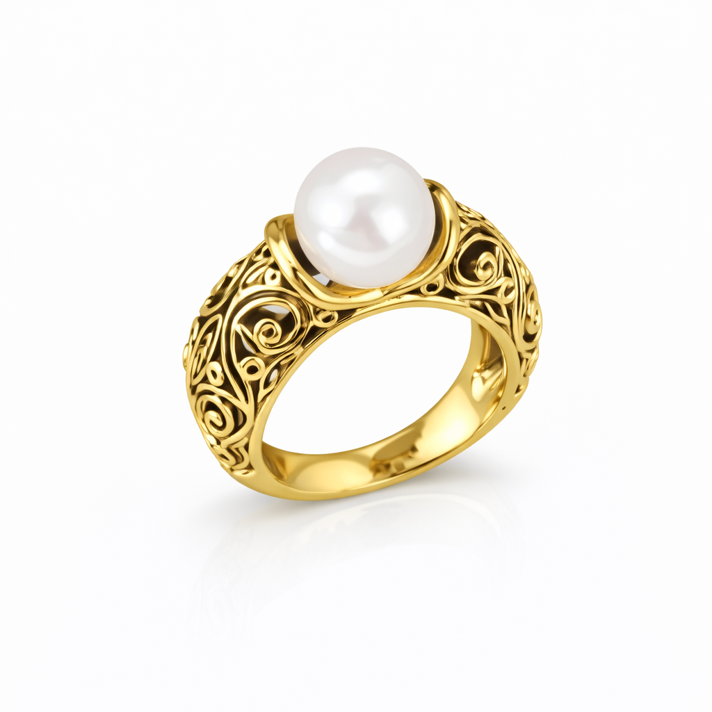 Vintage Gullfarget Ring med Hvit Perle og Blomstermønster – Elegant Smykke for Kvinne