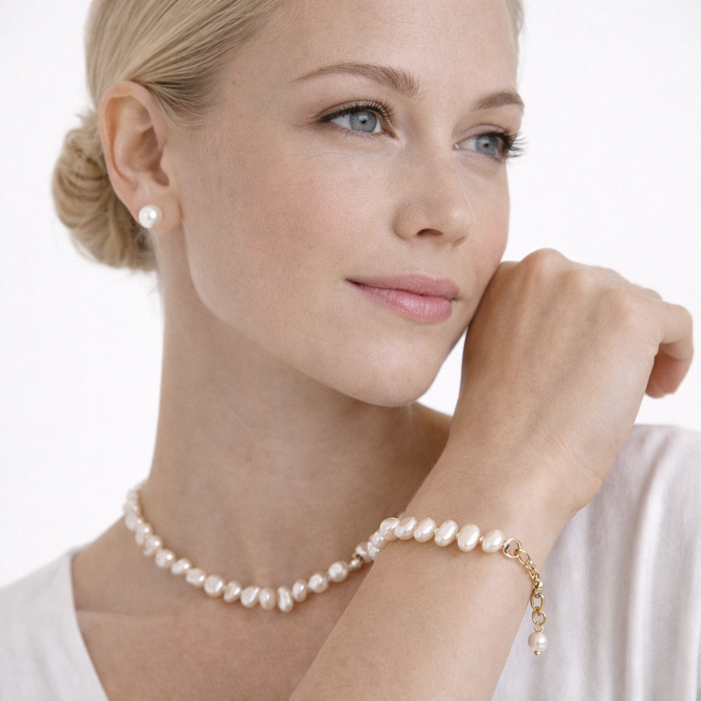 Eksklusivt Smykkesett med 100 % Barokke Ferskvannsperler – 14K Gullfylt Halskjede og Armbånd | Elegant Gavesett til Dame