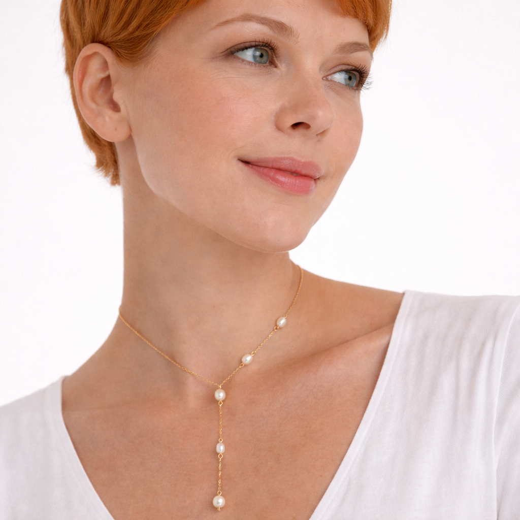 Y-formet Perlehalskjede i Strandstil – Ferskvannsperler med Tassel i Rustfritt Stål | Elegant og Sensuelt Sommarsmykke