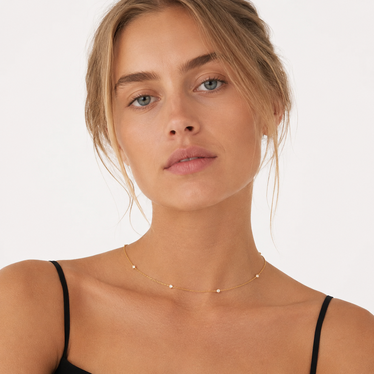 Moissanite Station Halskjede i 925 Sterling Sølv – 18K Gull Layering Choker