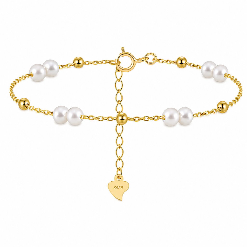 Perlearmbånd i Ekte 925 Sterling Sølv – Vintage 14K Gullbelagt Armbånd for Dame
