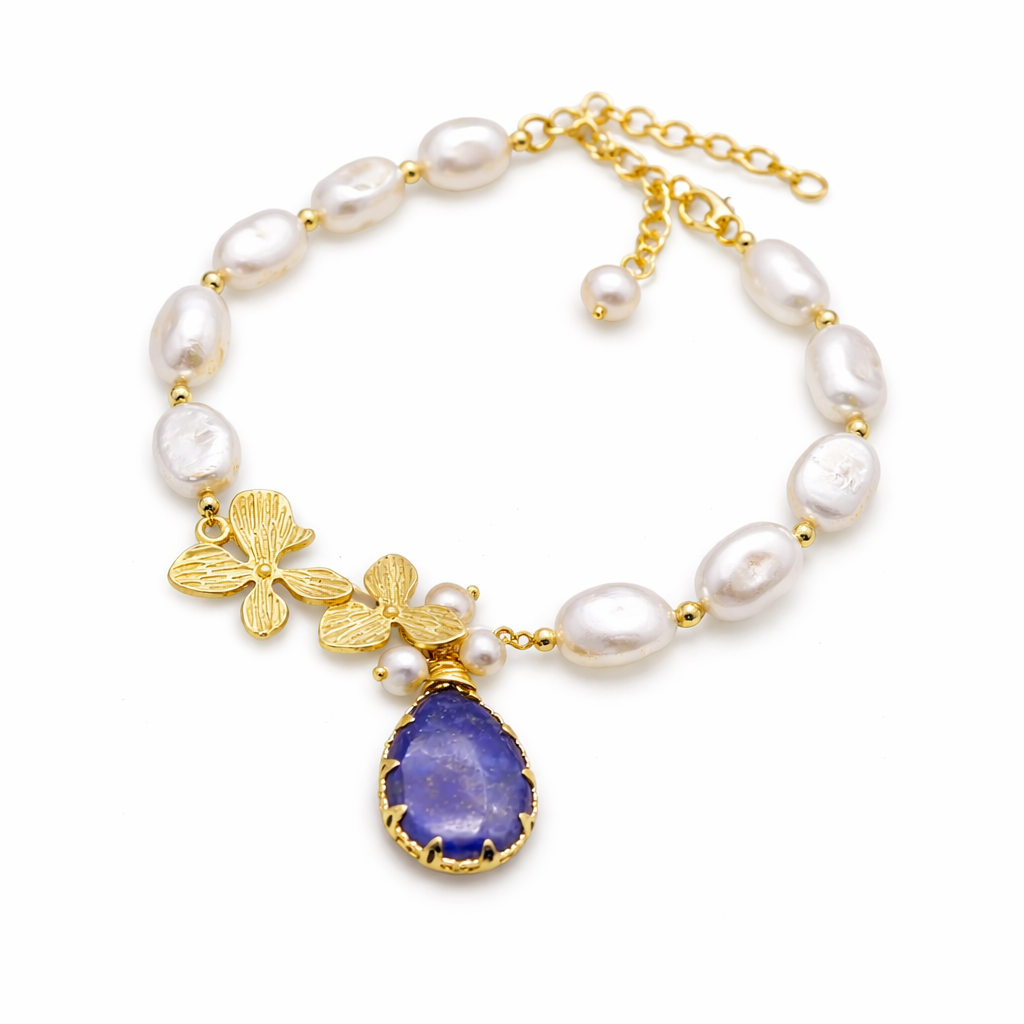 Armbånd med Barokk Ferskvannsperle og Lapis Lazuli – Elegant Smykke