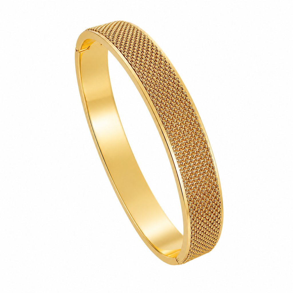 Bred Mansjettarmring i Gullbelagt Rustfritt Stål – Geometrisk Meshdesign