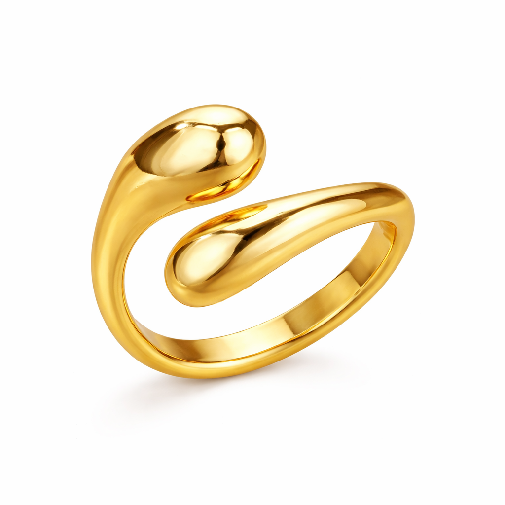 Åpen Ring med Doble Kuler i Gullfarget Stål – Minimalistisk og Justerbar