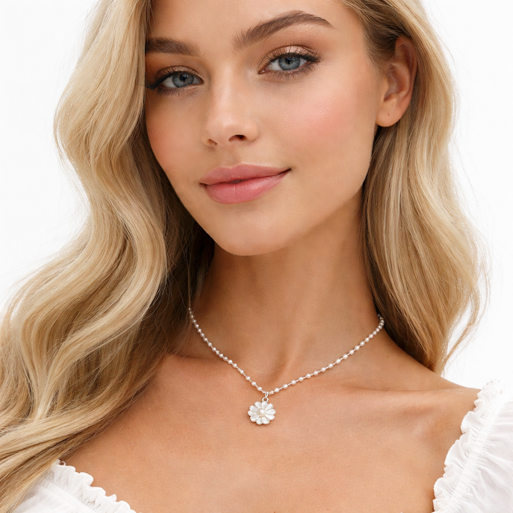 Perlehalskjede med Solsikkeanheng – Elegant Blomsterdesign for Kvinner | Trendy og Feminint Smykke
