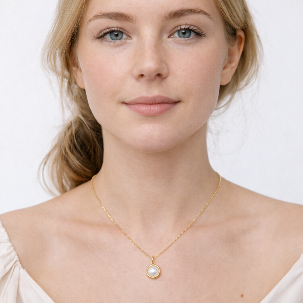 Perlehalskjede i 925 Sterlingsølv med 14K Gull – Vintage Anheng med Naturlig Perle