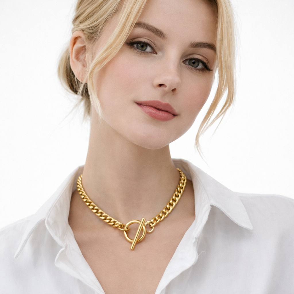 Chunky Choker Halskjede med T-Bar Lås – Gullfarget Cuban Chain Statement Smykke