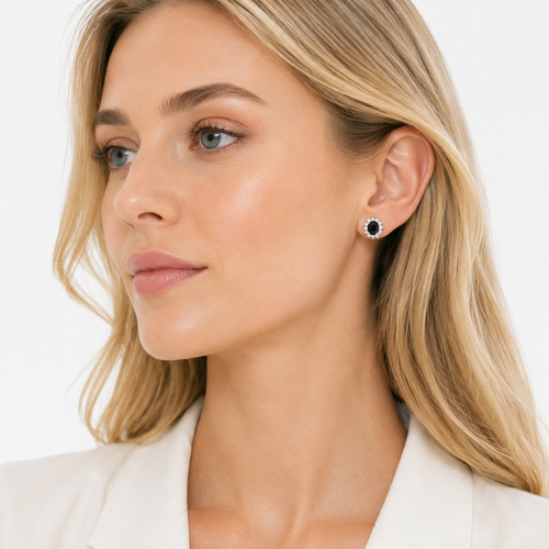 925 Sterling Sølv Øredobber med Svart Safir – Elegante Øredobber for Dame