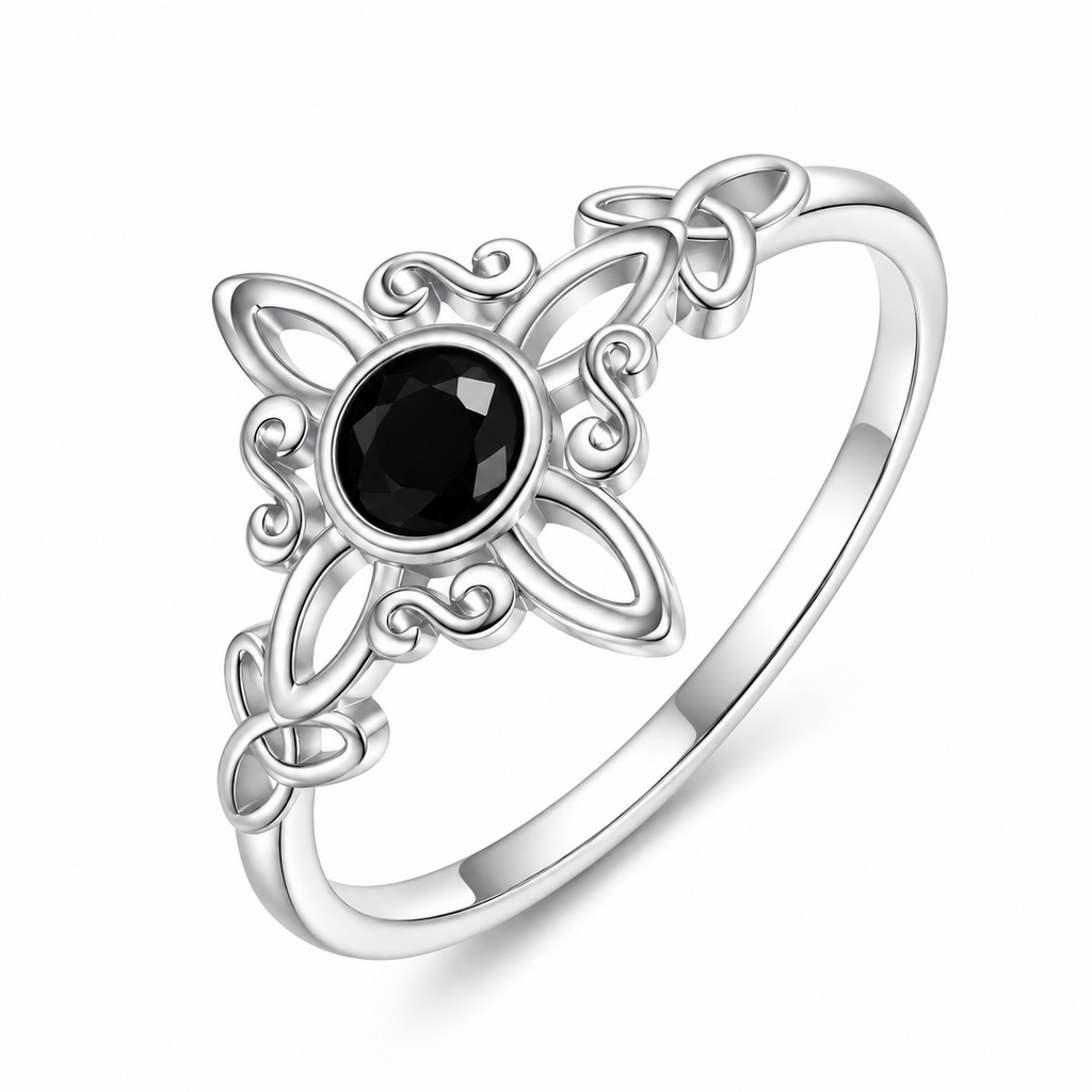 Celtic Trinity Knot Ring til Dame | Sølvbelagt Ring med Obsidian