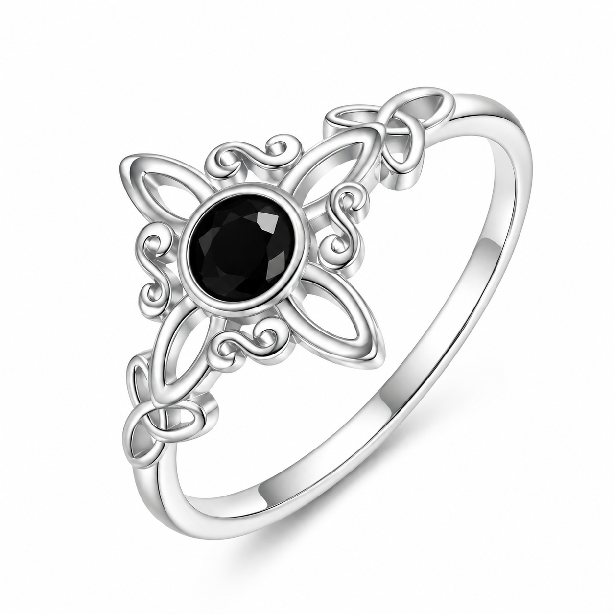 Celtic Trinity Knot Ring til Dame | Sølvbelagt Ring med Obsidian
