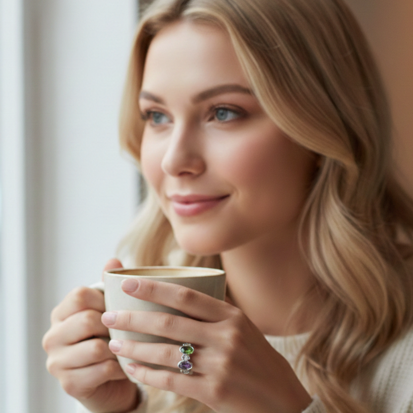 Vintage ring til dame med CZ-stener (oliven/lilla/hvit) – enkel og elegant statement-ring