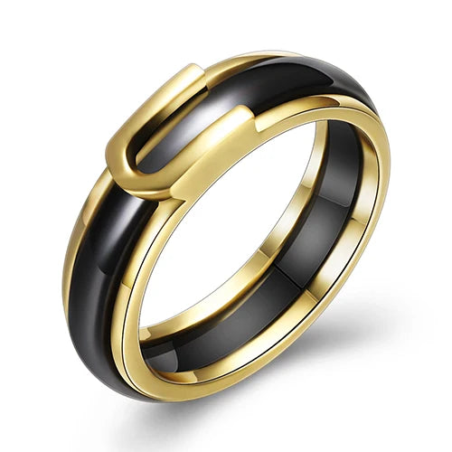 Gullfarget Ring med AAA CZ-Krystaller og Hvit/Sort Keramikk – Moderne Vielsesring