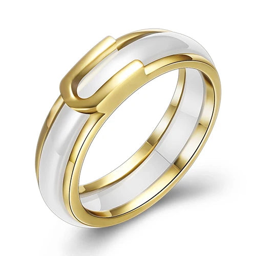 Gullfarget Ring med AAA CZ-Krystaller og Hvit/Sort Keramikk – Moderne Vielsesring