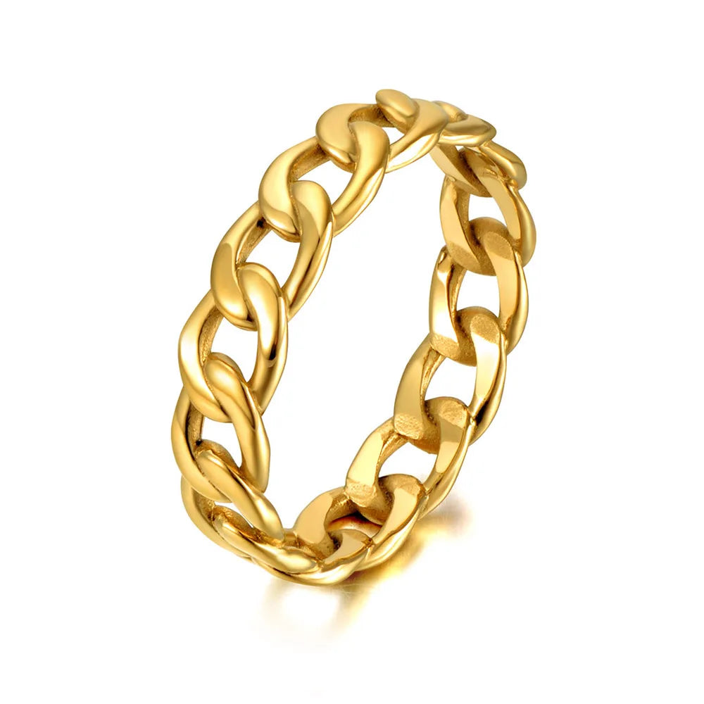 Geometrisk Ring med Kjededesign i Gullbelagt Stål – Trendy Punk & Rock Stil