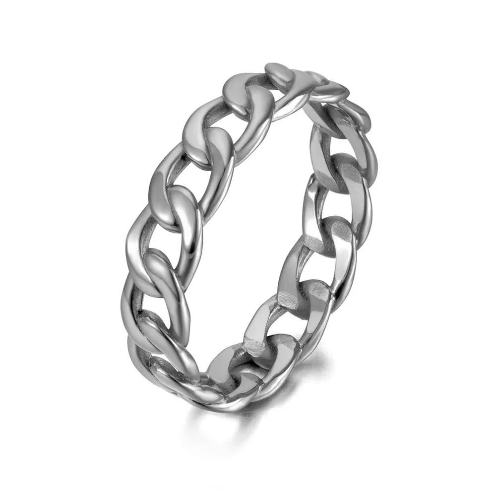 Geometrisk Ring med Kjededesign i Gullbelagt Stål – Trendy Punk & Rock Stil
