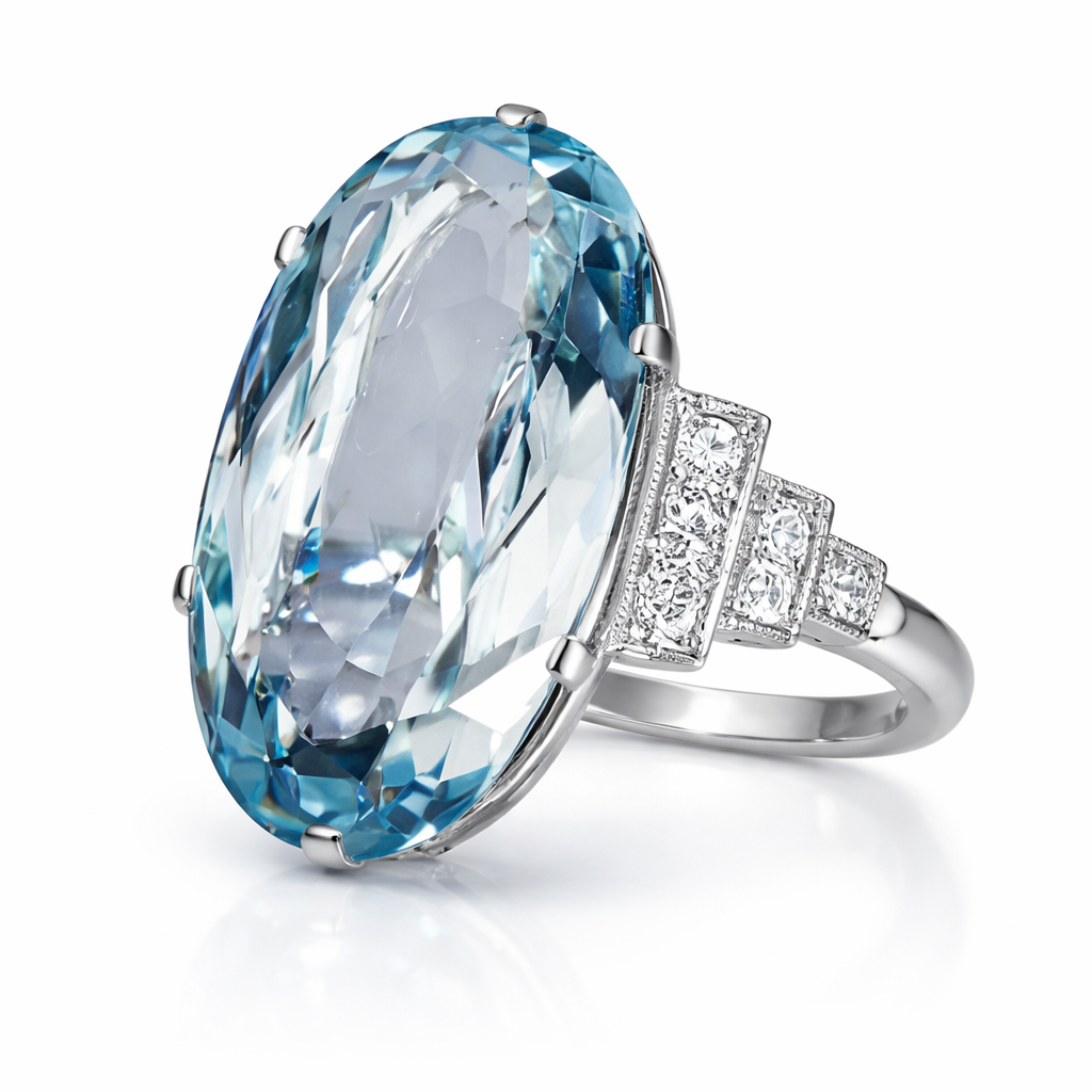 Elegant Ring med Stor Oval Himmelblå Stein – Perfekt til Bryllup og Forlovelse