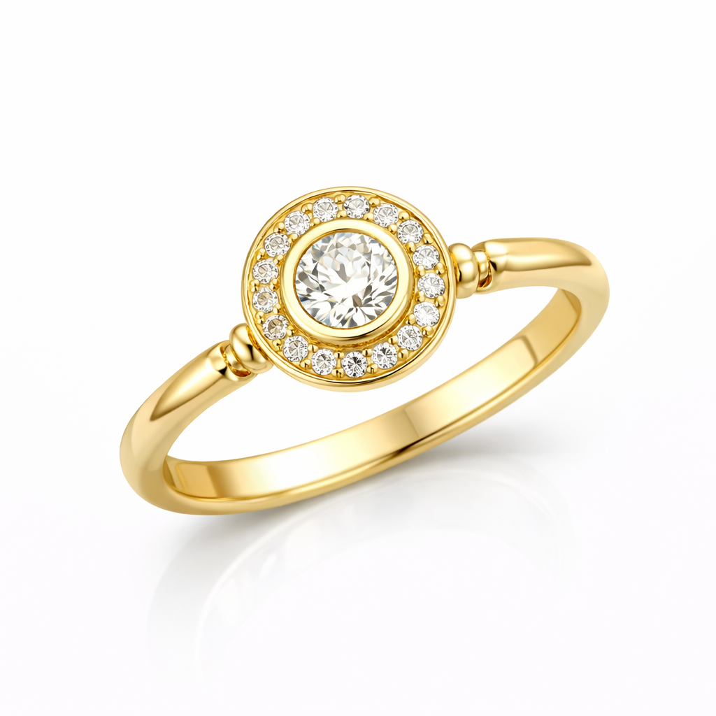 Gullfarget 2-Delt Brudesett med Rund Stein – Romantisk Ringsett for Forlovelse og Bryllup