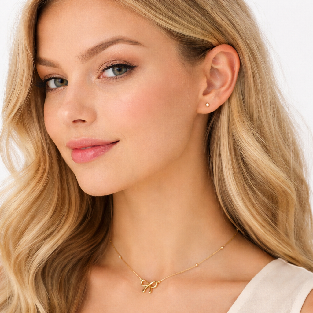 Smykkesett med sløyfe i rustfritt stål – choker/kjede + armbånd + øredobber (trend, perfekt gave)