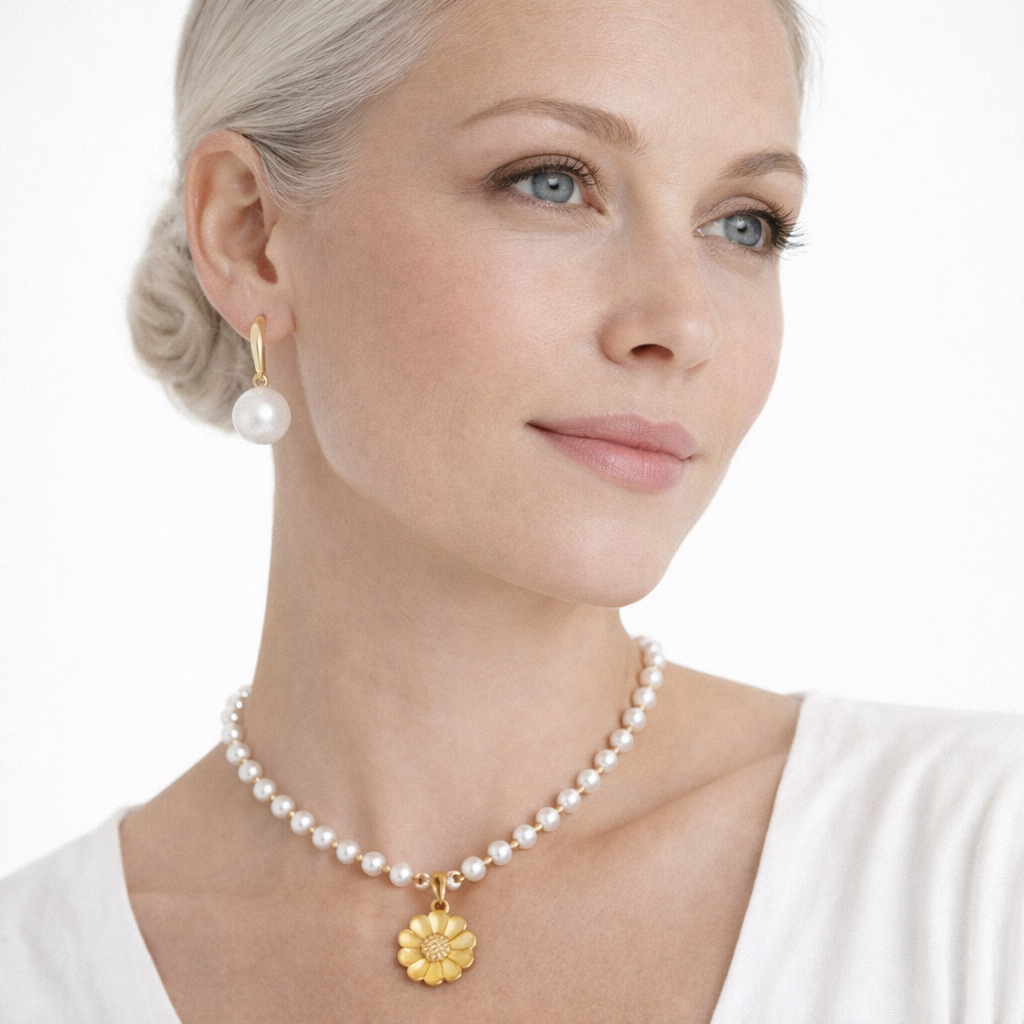 Perlehalskjede med Solsikkeanheng – Elegant Blomsterdesign for Kvinner | Trendy og Feminint Smykke