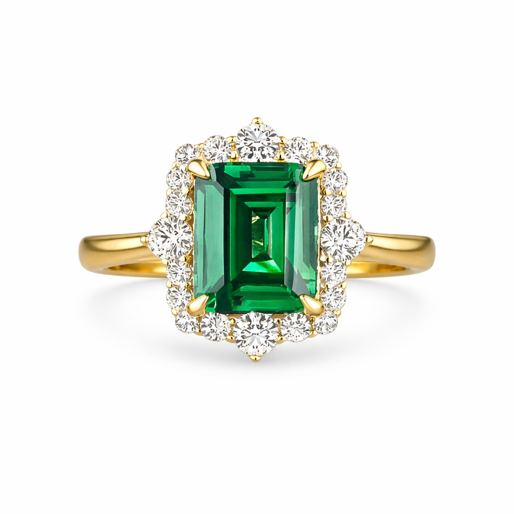 Gullfarget Ring med Grønn Zirkonia – Elegant Firkantet Statement Ring