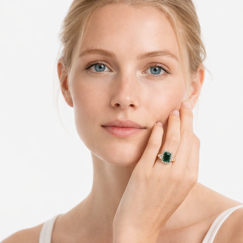 Gullfarget Ring med Grønn Zirkonia – Elegant Firkantet Statement Ring