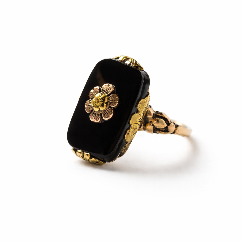 Vintage Ring med Sort Blomst – Elegant Statement Ring for Kvinner