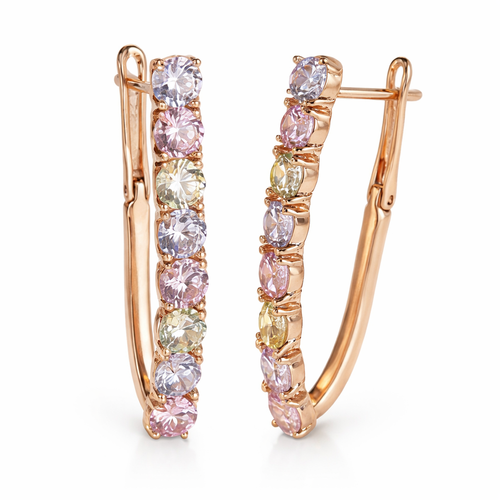 Hoop øredobber i gullfarge med runde zirkonstener – multicolor krystaller + hvit zirkon (vintage), perfekt gave