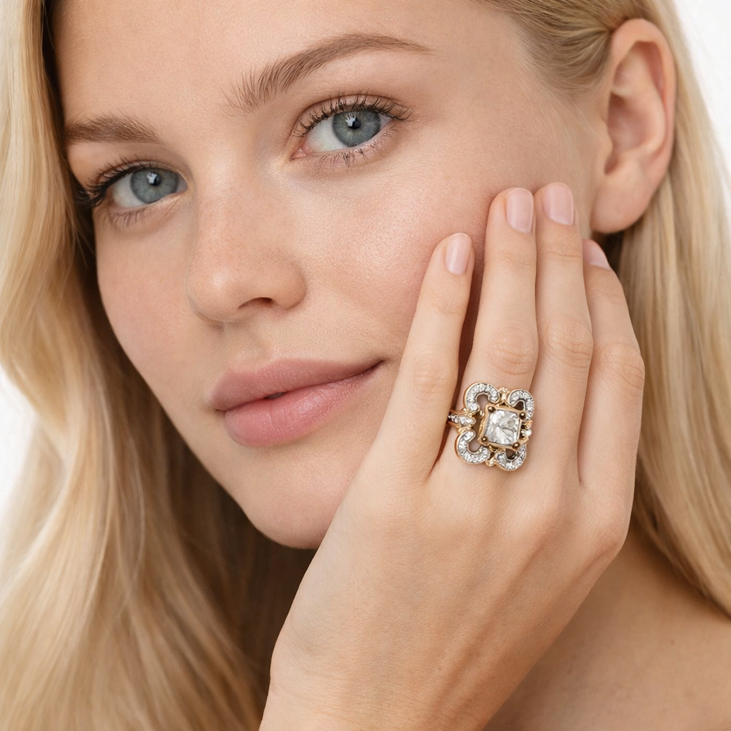 Vintage Ring med Utskåret Design og Zirkon – Tofarget Elegant Fest- og Vielsesring