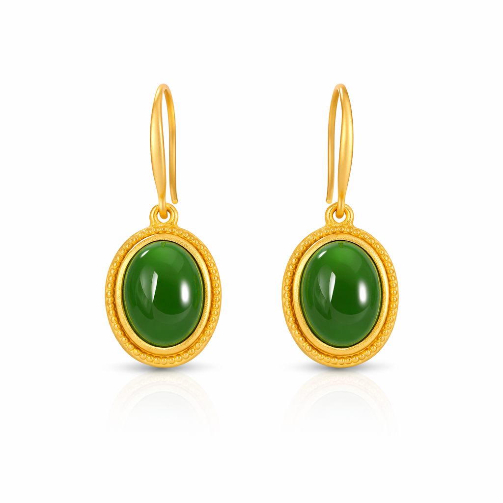 Vintage Gullfargede Øredobber med Grønn Hetian Jade – Oval og Eksklusiv Design