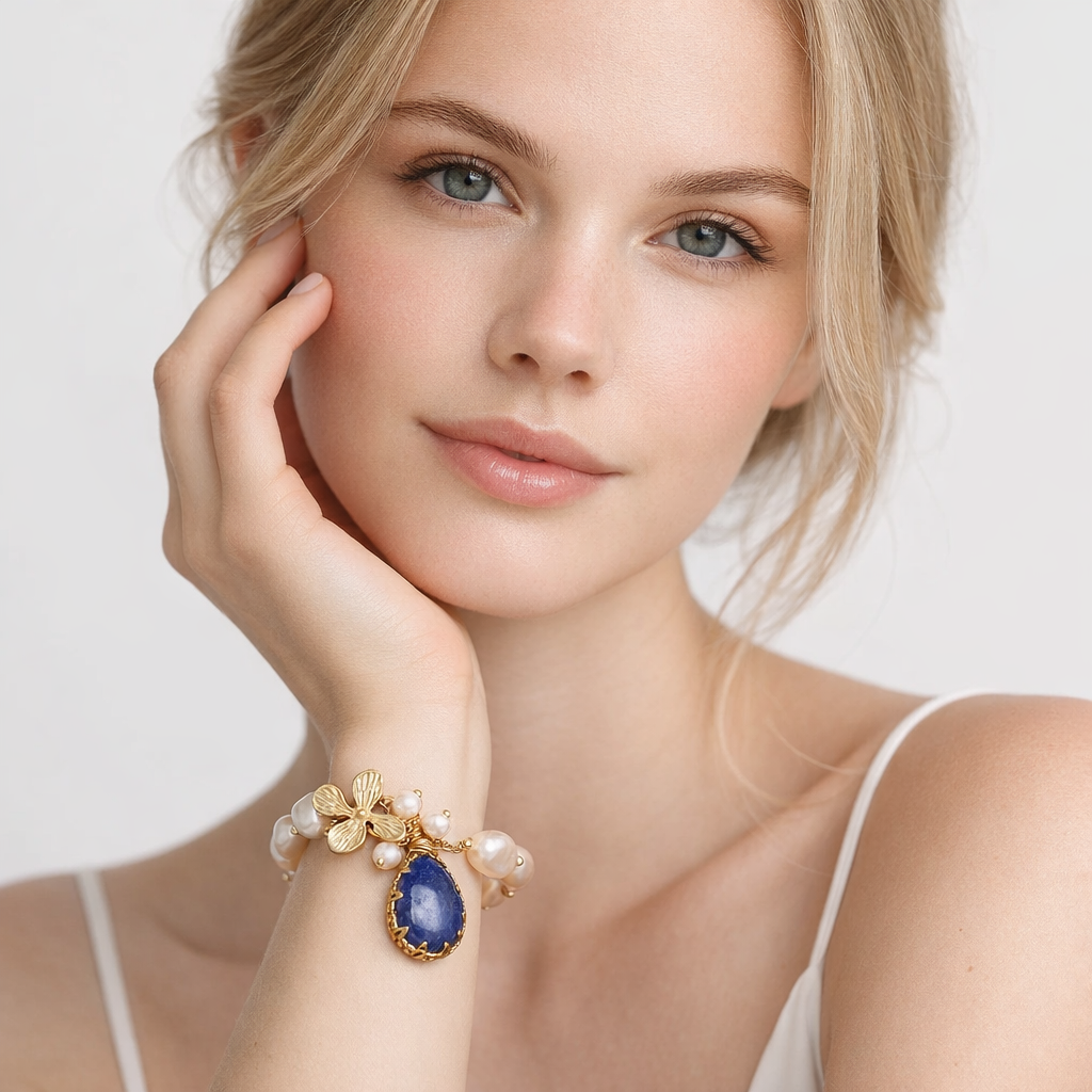Armbånd med Barokk Ferskvannsperle og Lapis Lazuli – Elegant Smykke