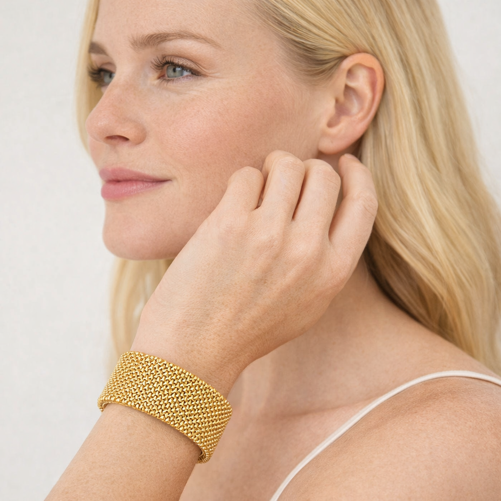 Vintage Gullfarget Cuff Armring – Flettet og Chunky Armbånd i Rustfritt Stål