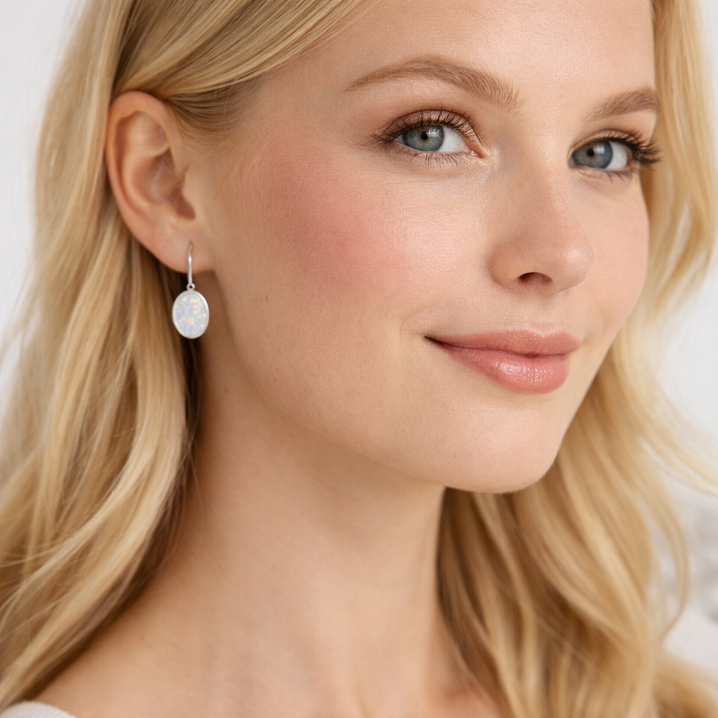 Vintage Sølvfargede Hoop Øredobber med Hvit Opal – Oval og Elegant Design