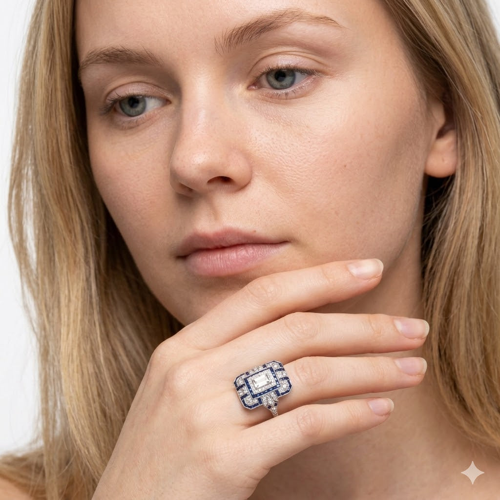 Retro Firkantet Ring med Hvit og Blå Zirkon – Klassisk Forlovelses- og Bryllupsring